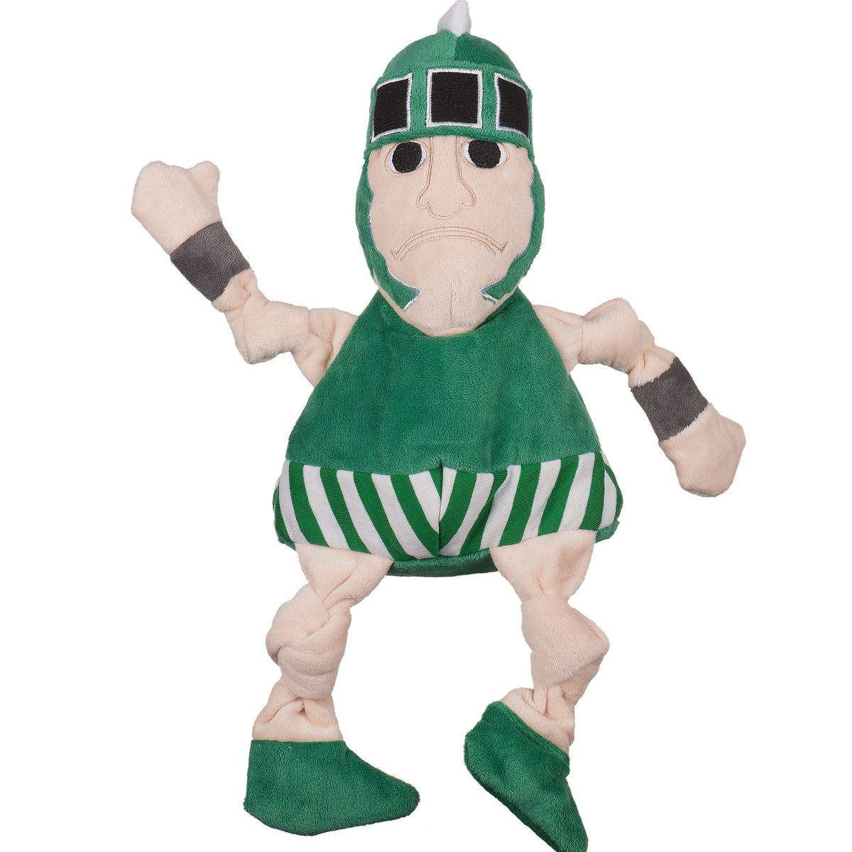 Toy figure of a character in green armor with a helmet on a white background