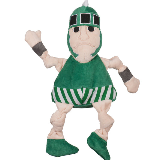 Toy figure of a character in green armor with a helmet on a white background