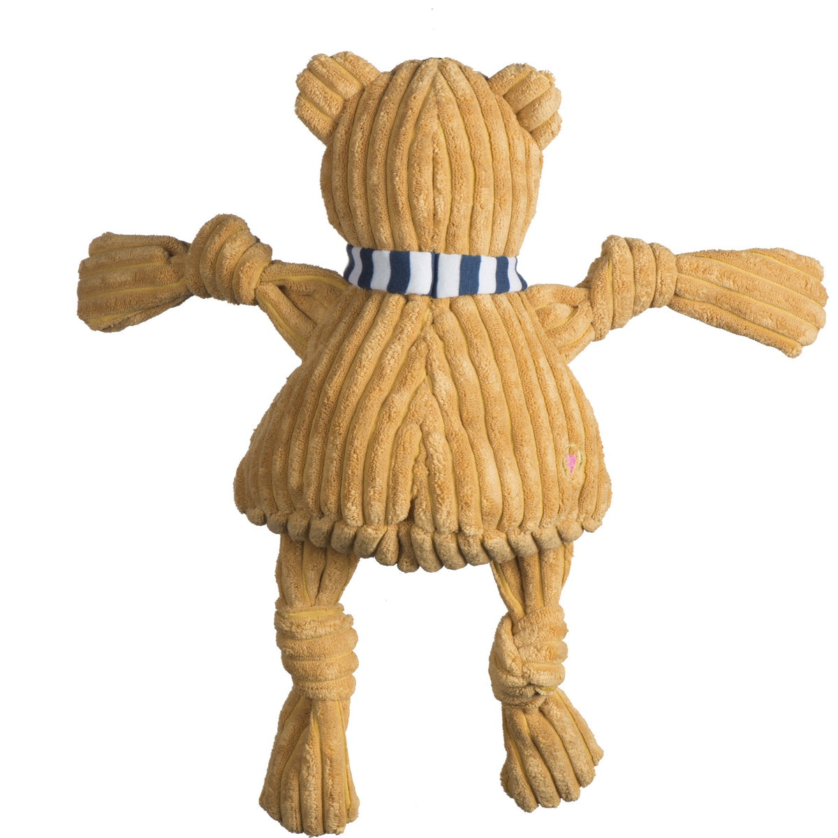 Textured bear-shaped toy with a striped neckerchief on a white background