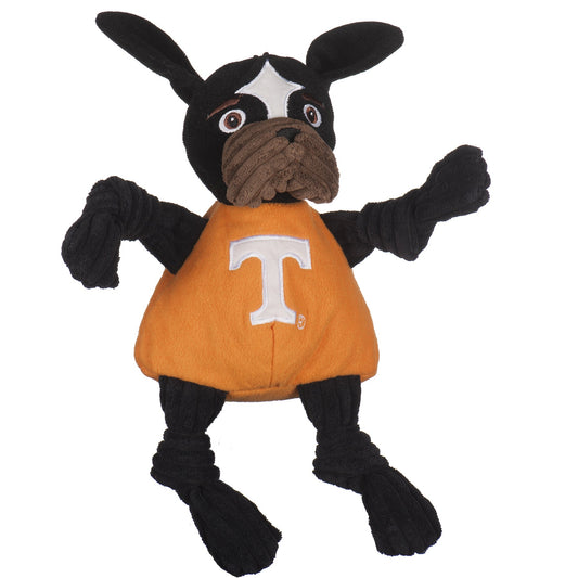 Dog toy with black and brown fur, orange body with white logo, on a white background