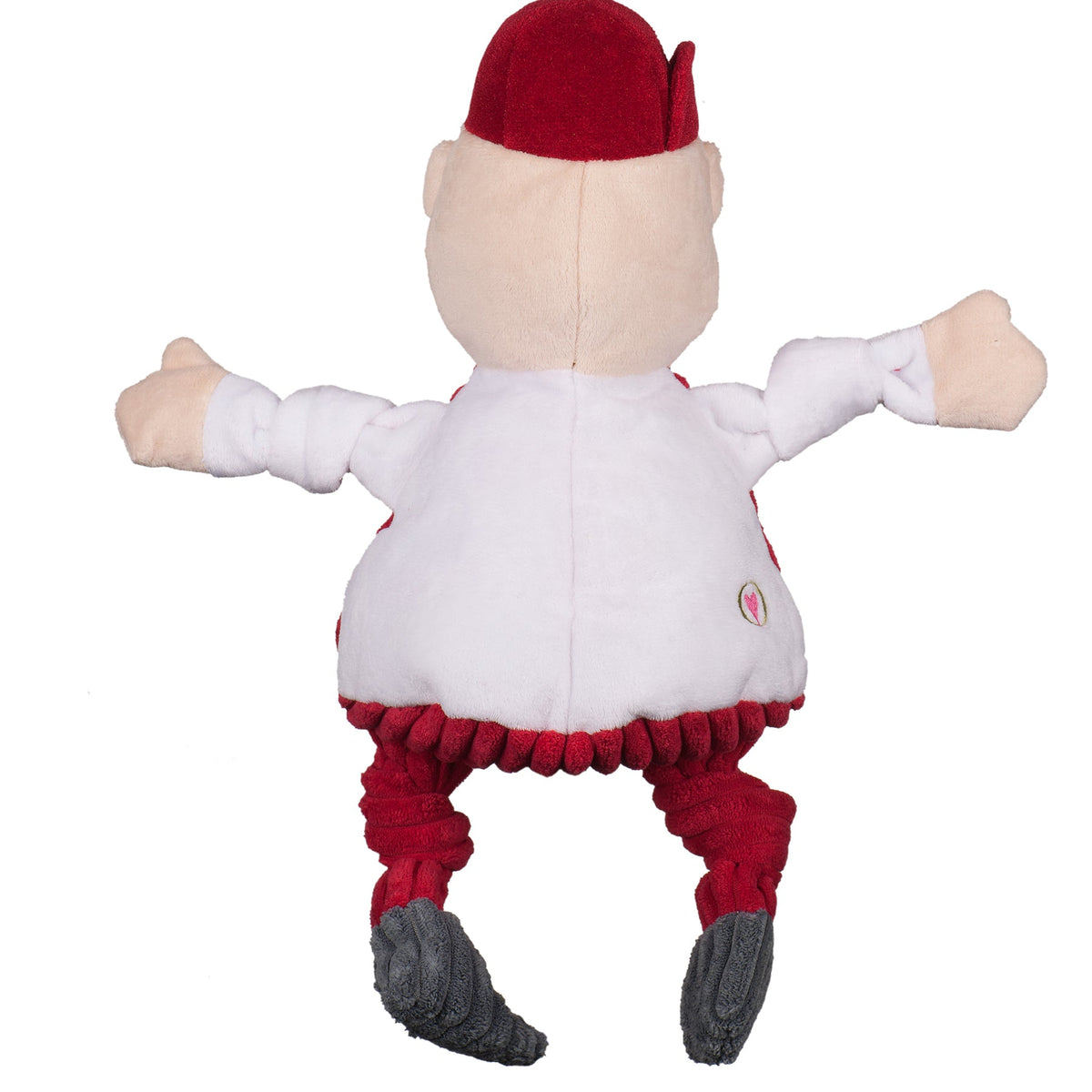 Plush toy with red cap, white shirt, red pants, and gray shoes on a white background