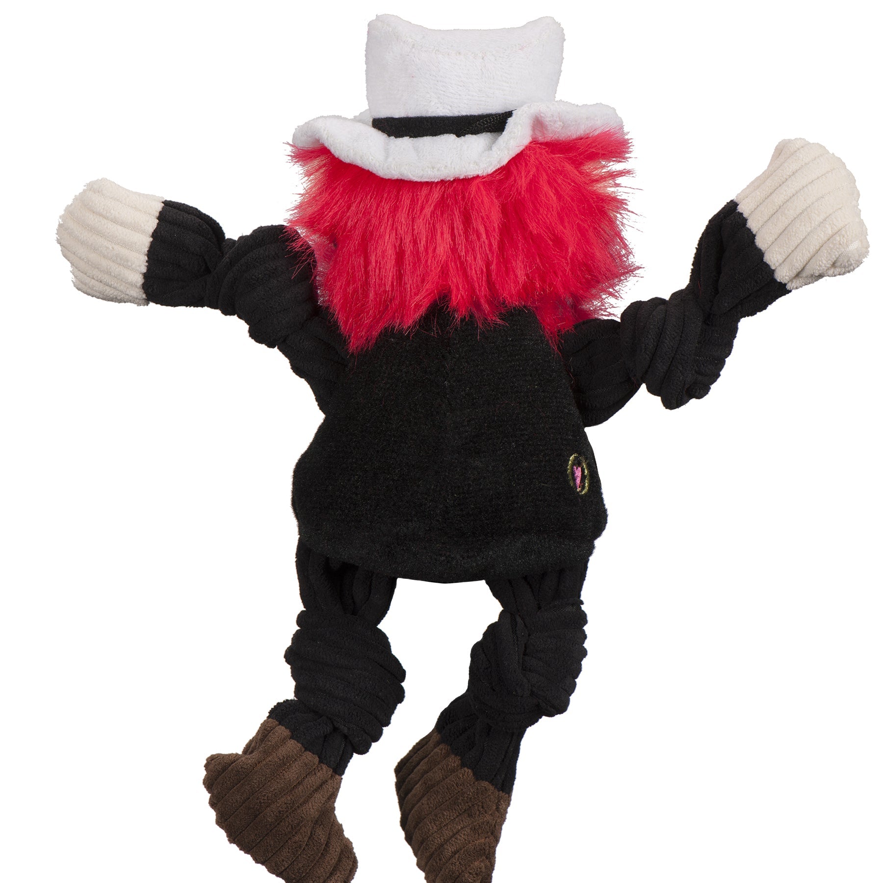 Stuffed toy resembling a character with a black outfit, red fur collar, and white hat on a white background