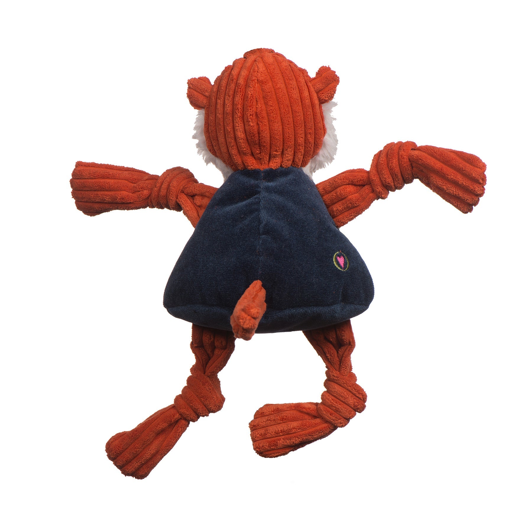 Red plush toy with a dark blue torso on a white background