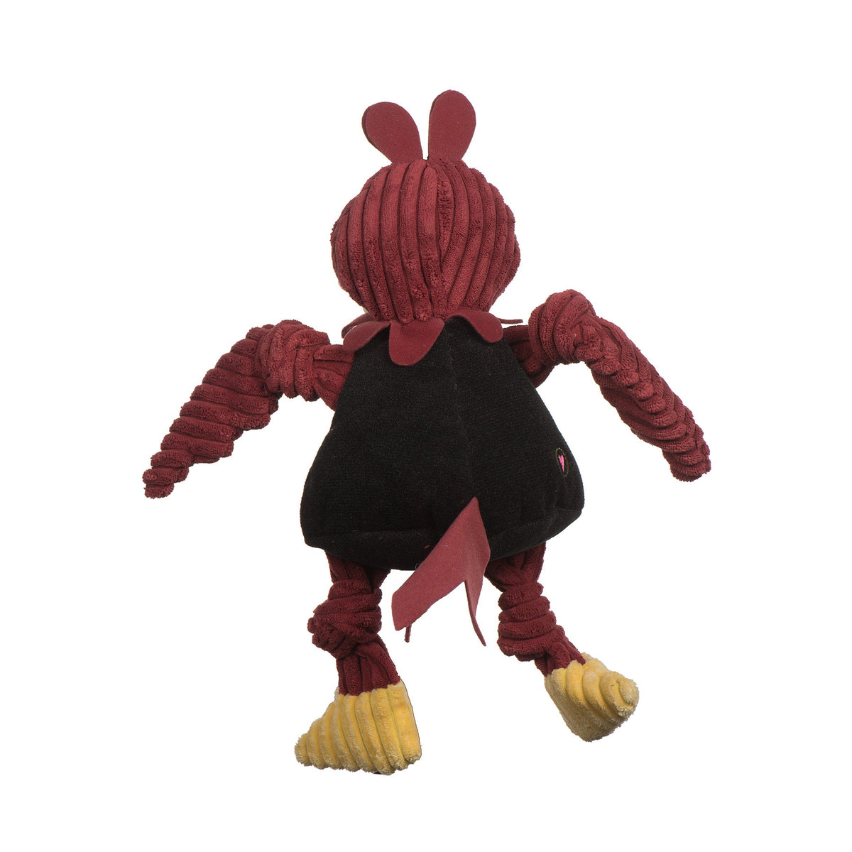 Red and black plush toy with yellow paws on a white background