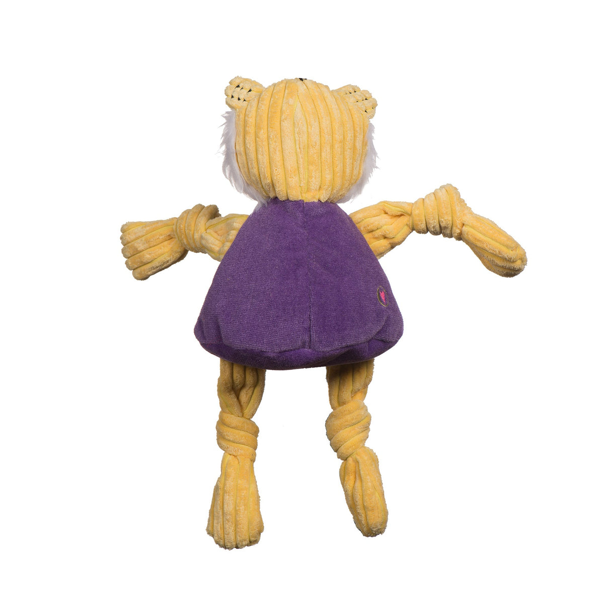 Toy figure with yellow body and purple jacket on a white background