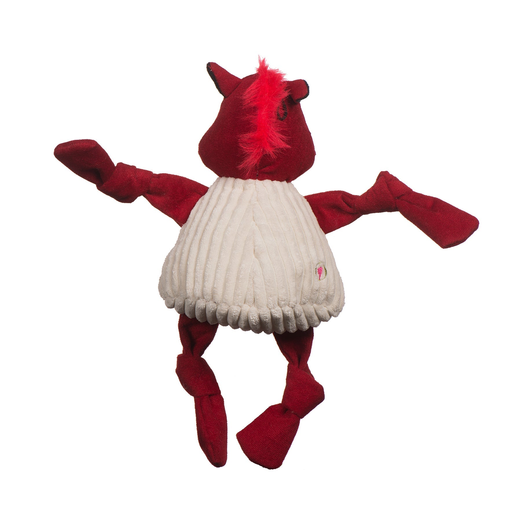 Red plush toy with a white ribbed sweater on a white background