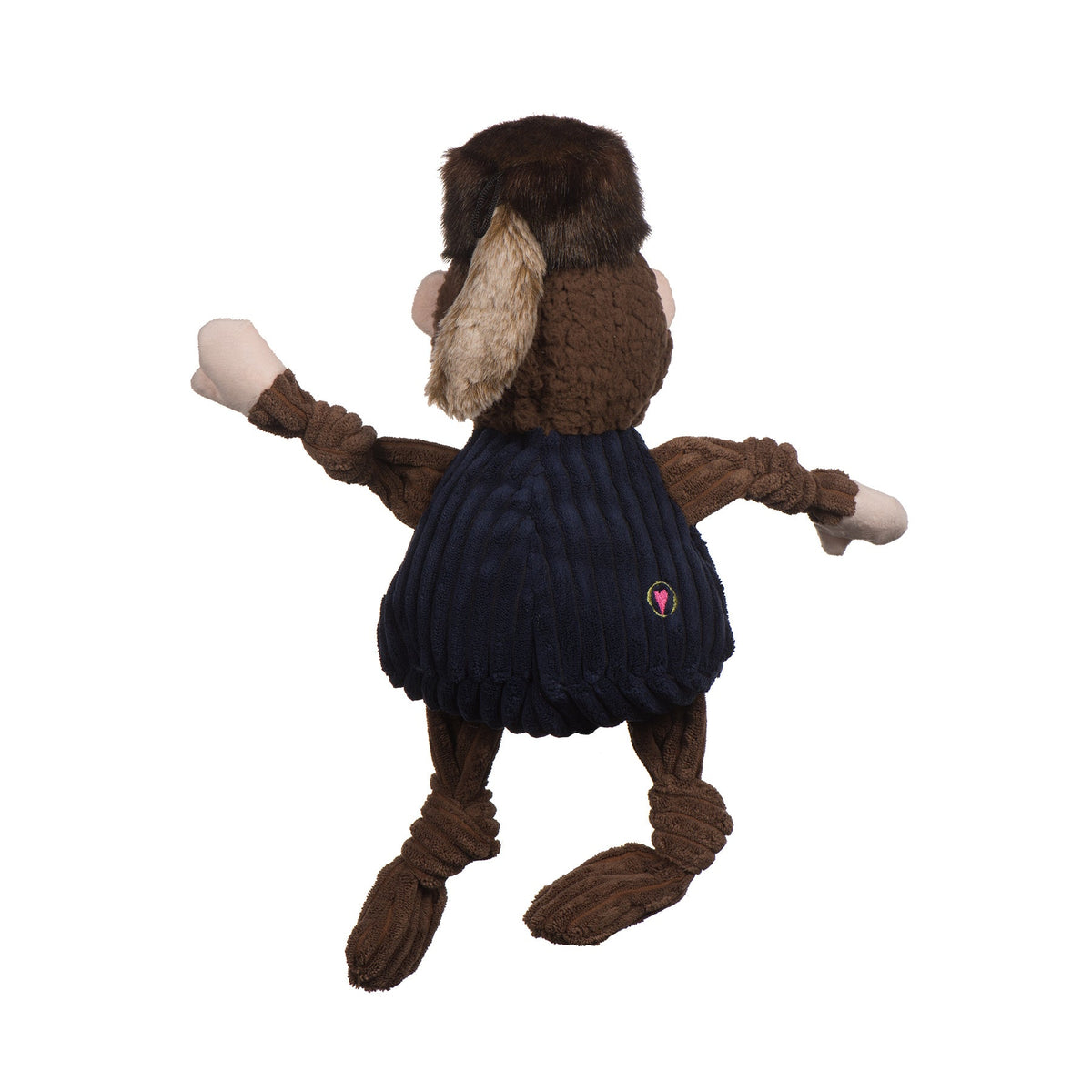 Stuffed monkey toy wearing a dark blue outfit on a white background