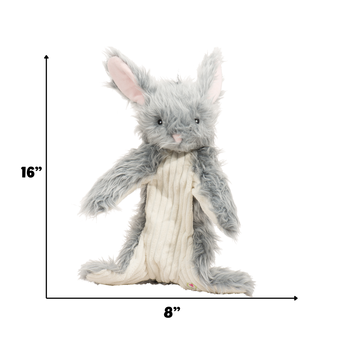 Gray plush toy with white rope around its neck, shown with measurements on a white background.