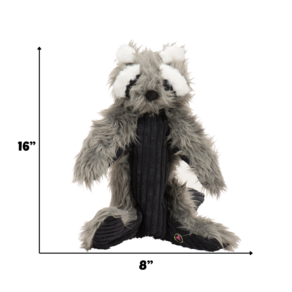 Plush toy resembling a badger with dimensions indicated on a white background