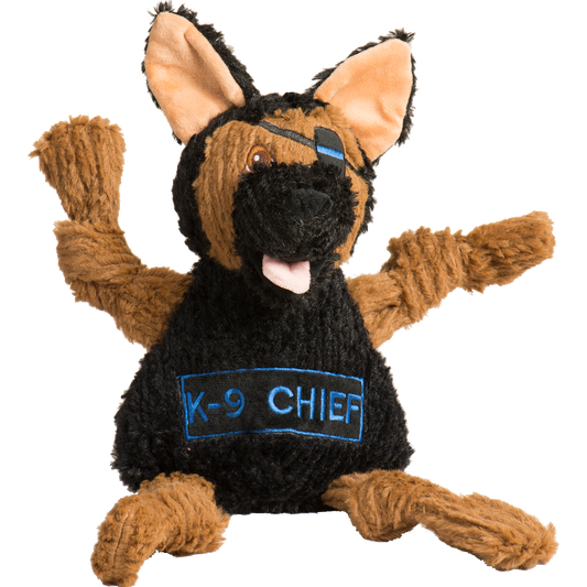 Plush dog toy with 'K-9 Chief' text on a white background