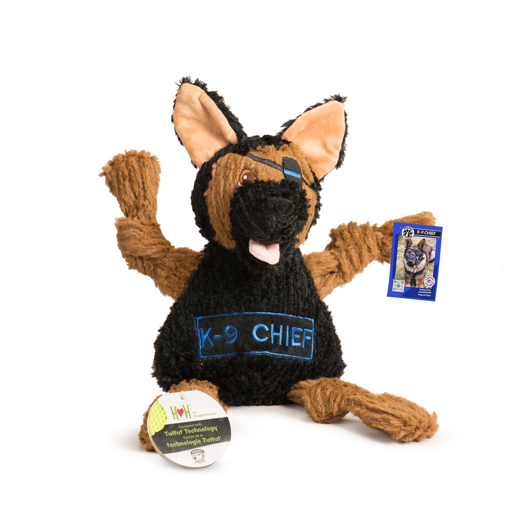 Stuffed toy dog with 'K-9 Chief' label on a white background