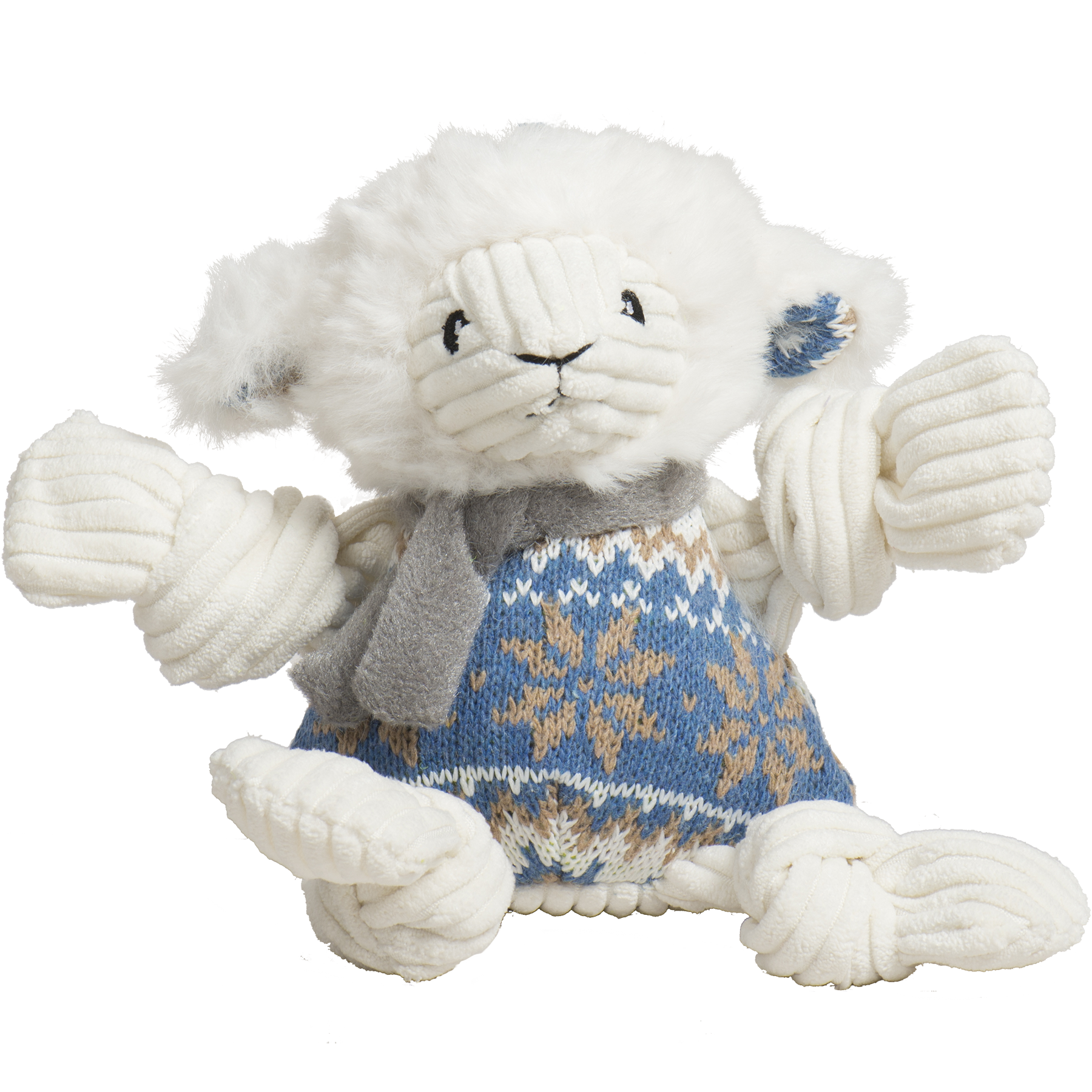 Plush toy bear wearing a blue sweater with a snowflake pattern on a white background