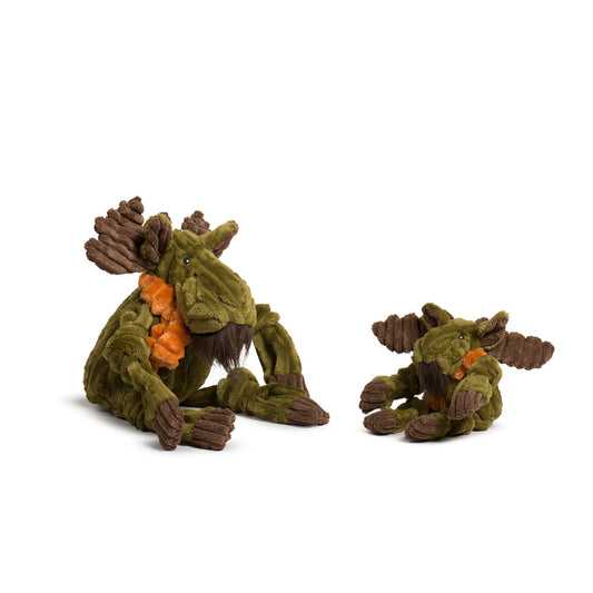 Two green moose-shaped toys with orange antlers on a white background