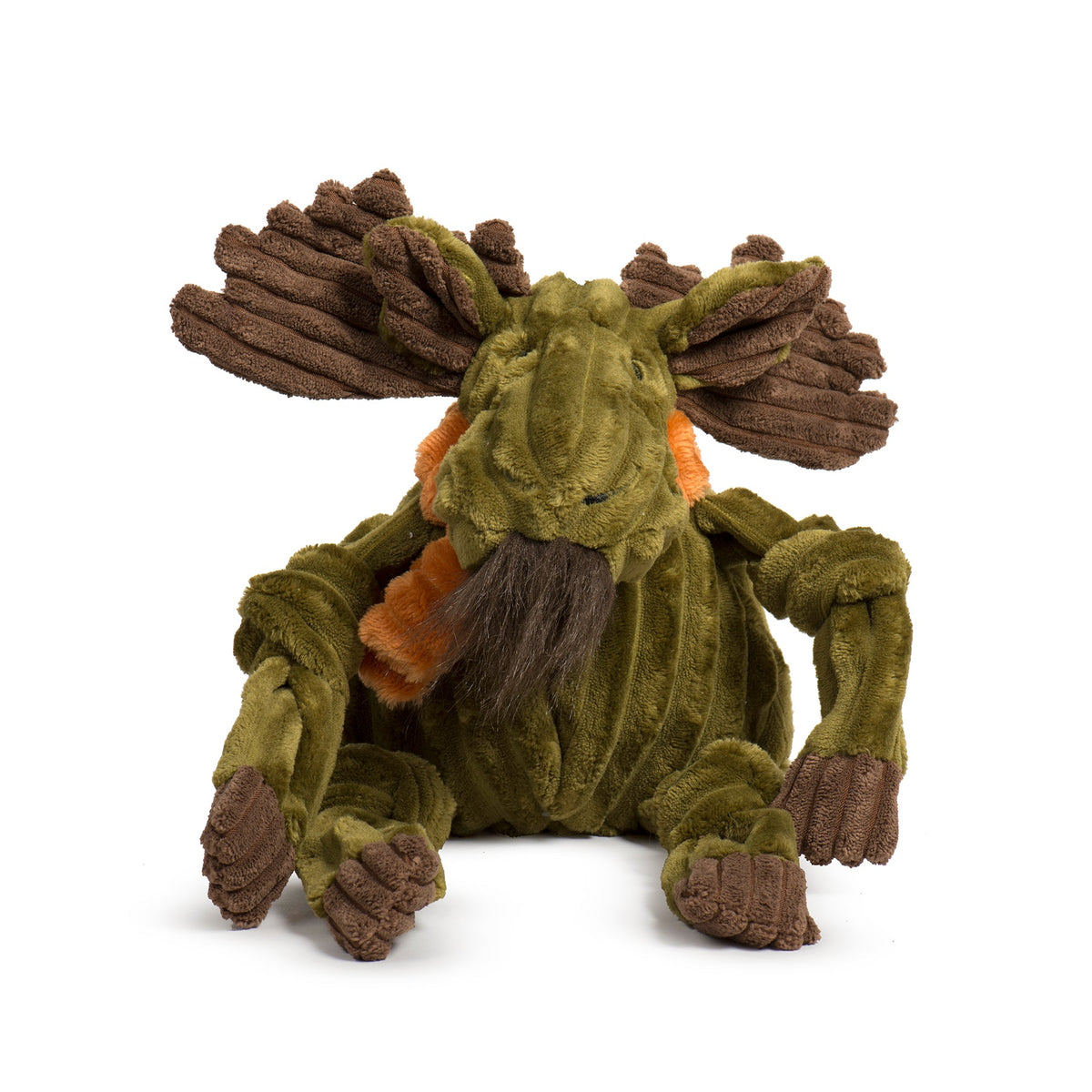 Plush dragon toy with green body, brown wings, and orange accents on a white background