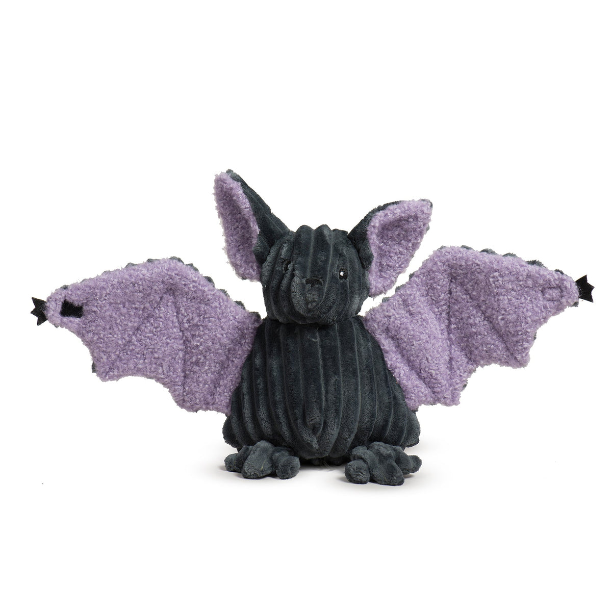 Plush toy bat with purple wings on a white background