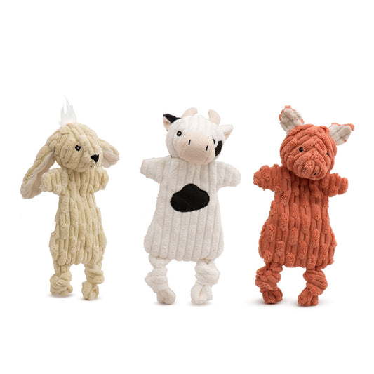 Three plush toys resembling a rabbit, cow, and fox on a white background