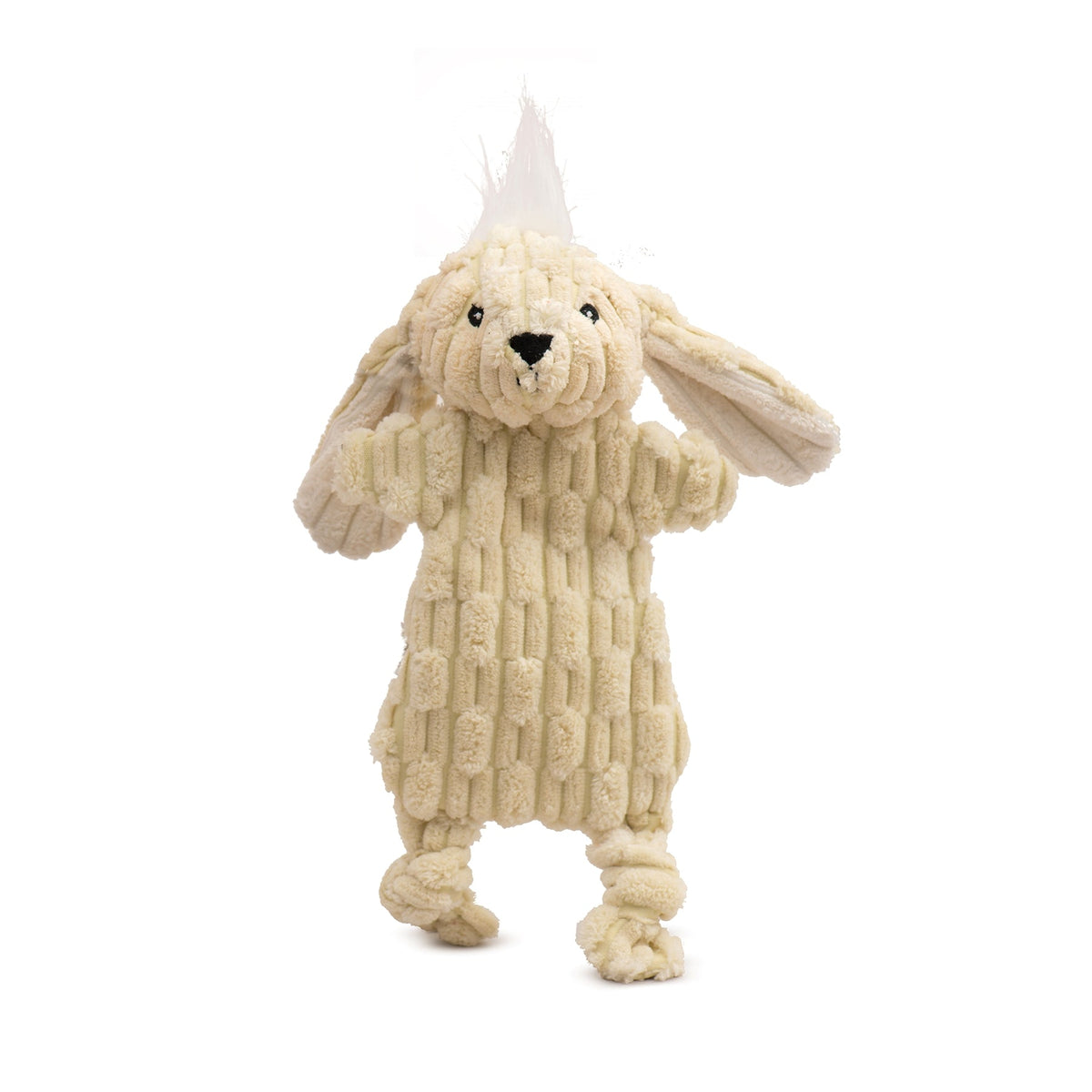 Plush toy rabbit in a knitted outfit on a white background
