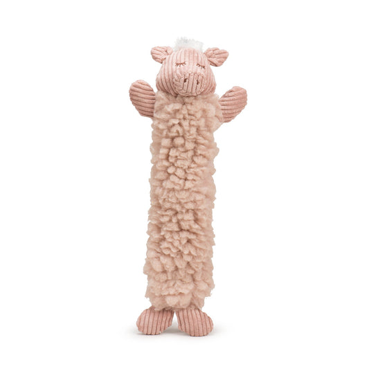 Pink plush toy with a textured body on a white background