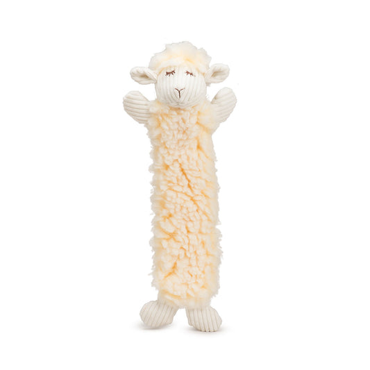 Plush toy shaped like a sheep on a white background