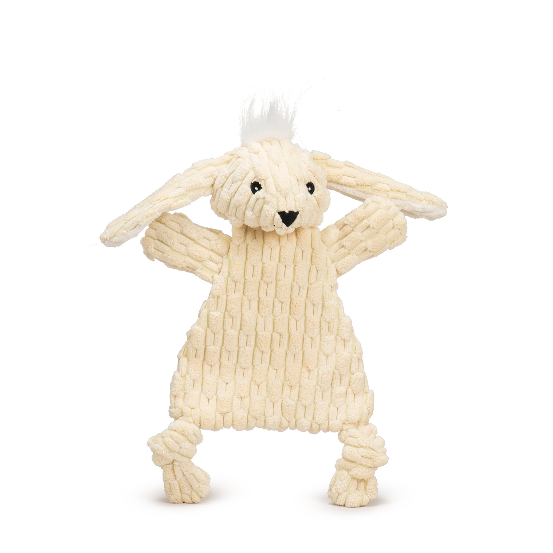 Knitted bunny toy on a white background