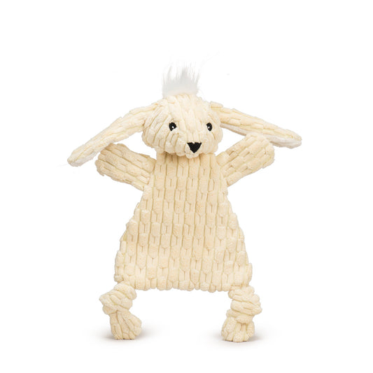 Knitted bunny toy on a white background