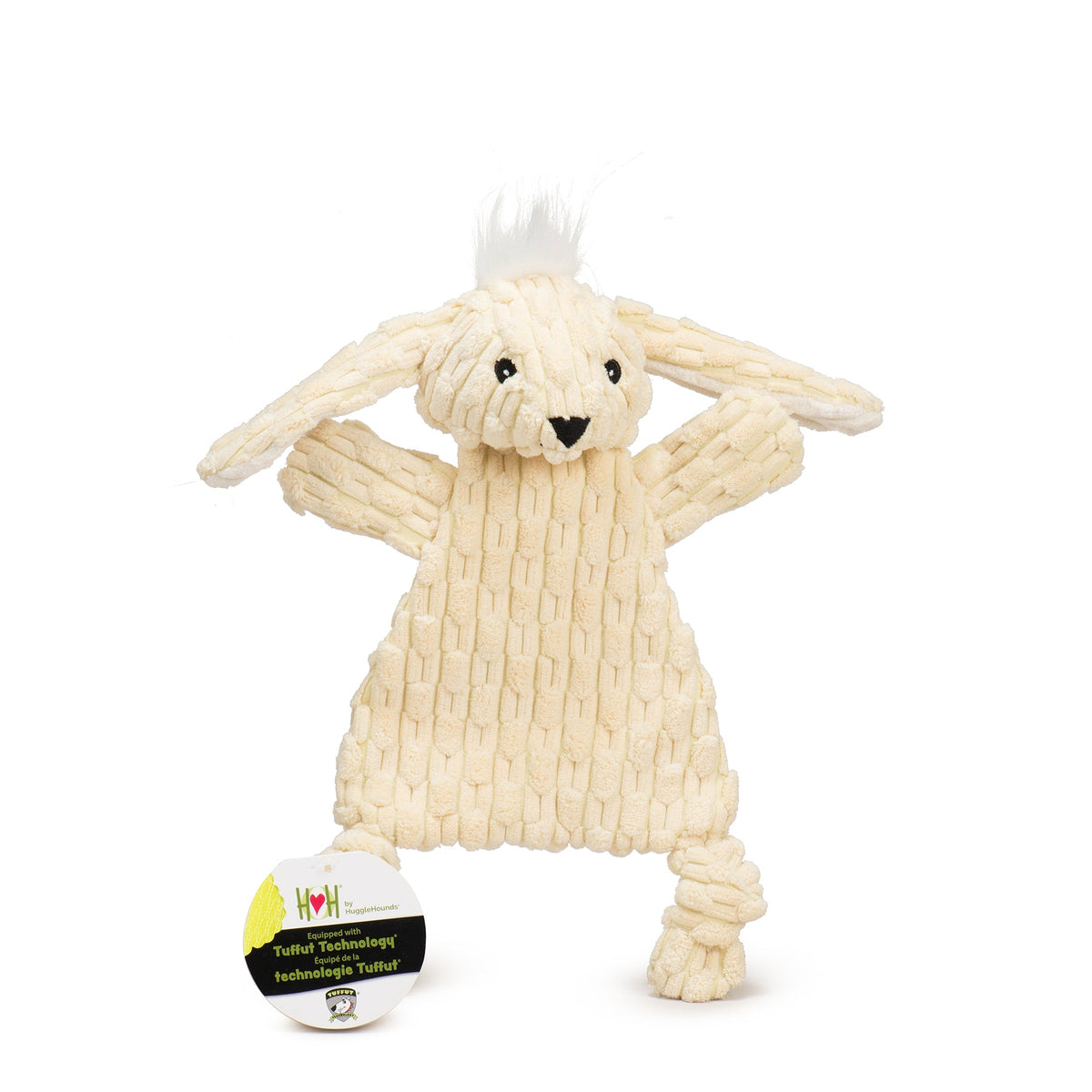 Knitted dog toy shaped like a bunny with a label on a white background