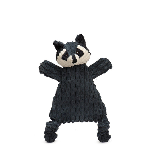 Knitted raccoon toy on a white background