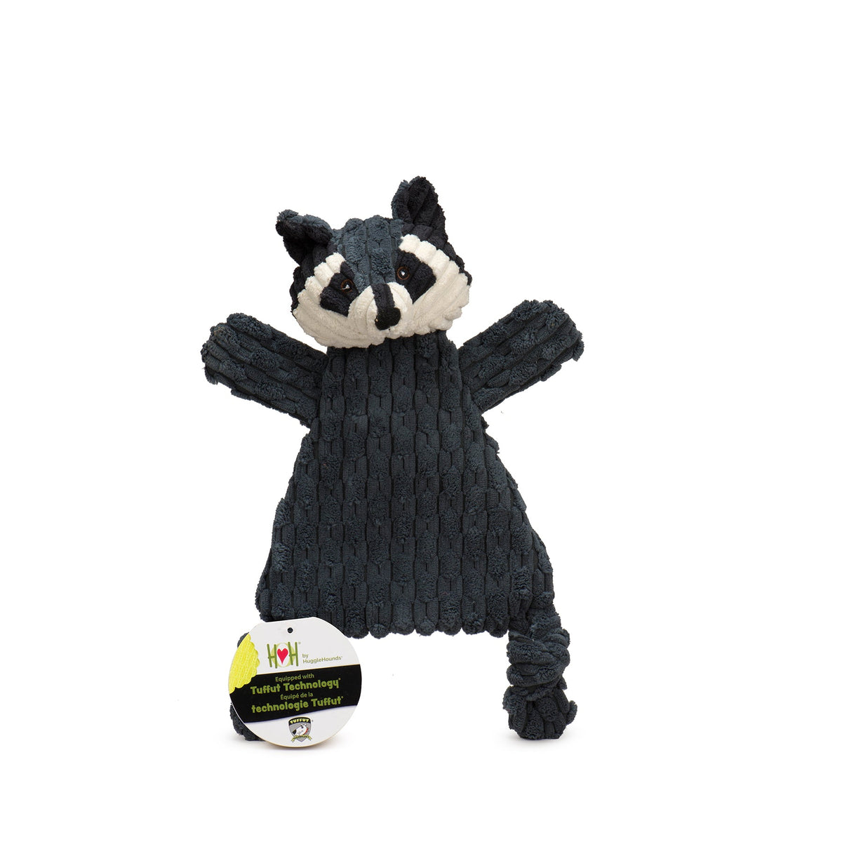 Knitted raccoon toy with a tag on a white background