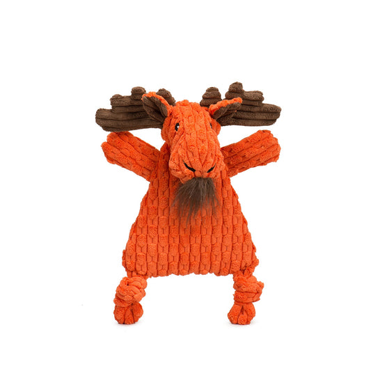 Plush moose toy with brown antlers on a white background