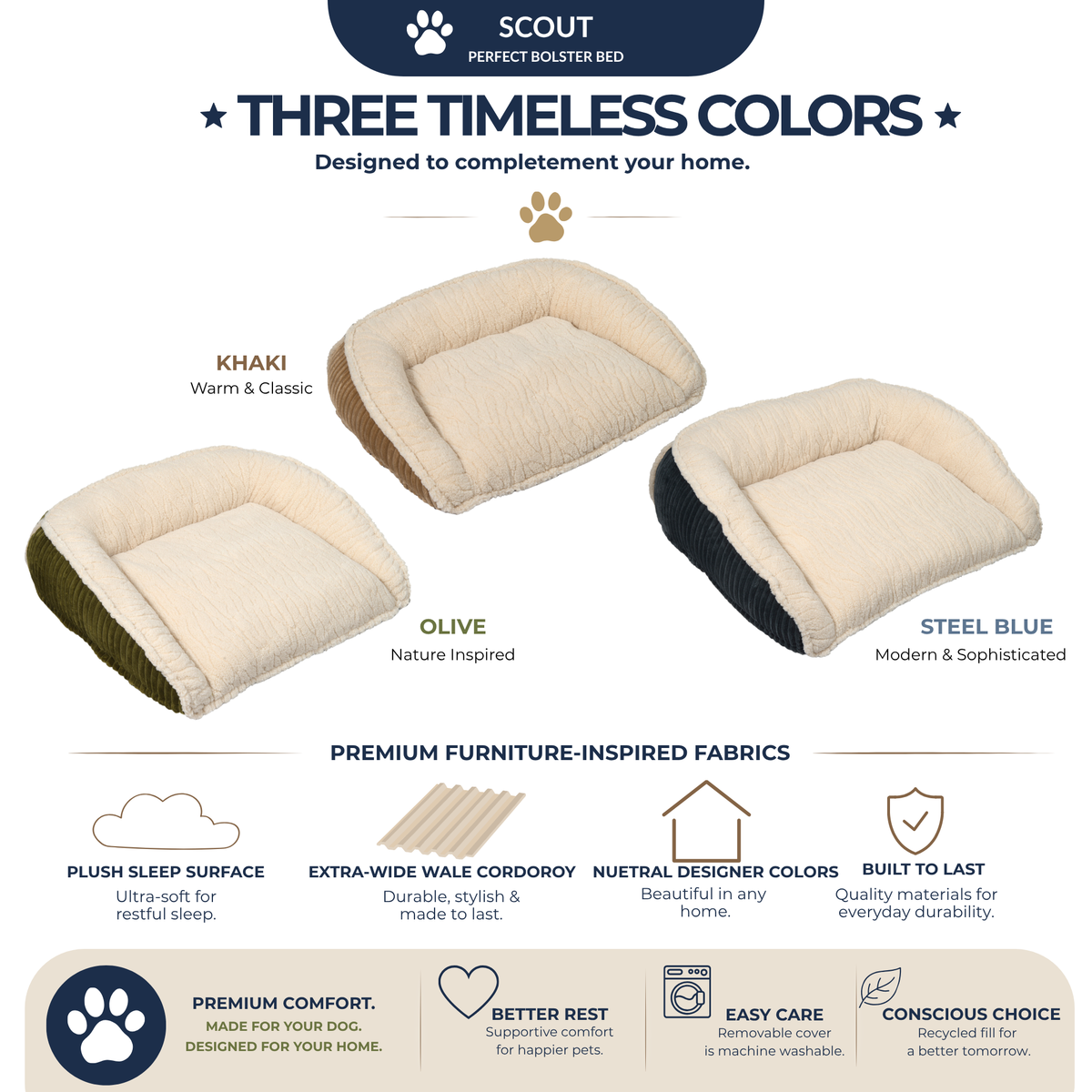 Scout Perfect Bolster Dog Bed – Corduroy, Removable Liner, Recycled Fill HuggleHounds
