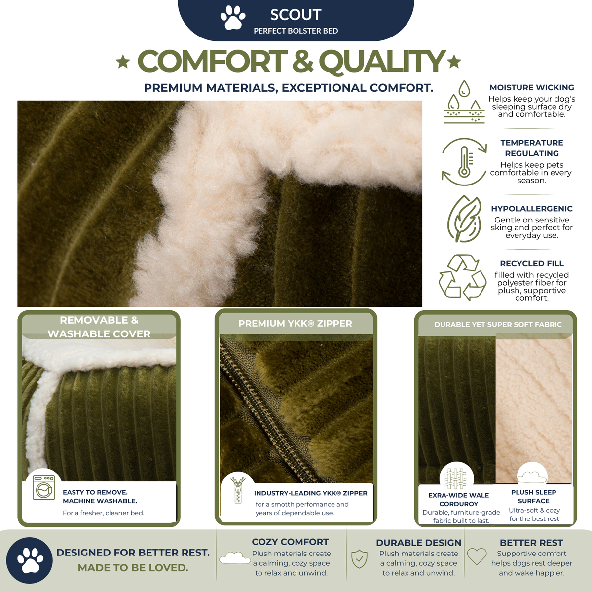 Scout Perfect Bolster Dog Bed – Corduroy, Removable Liner, Recycled Fill HuggleHounds