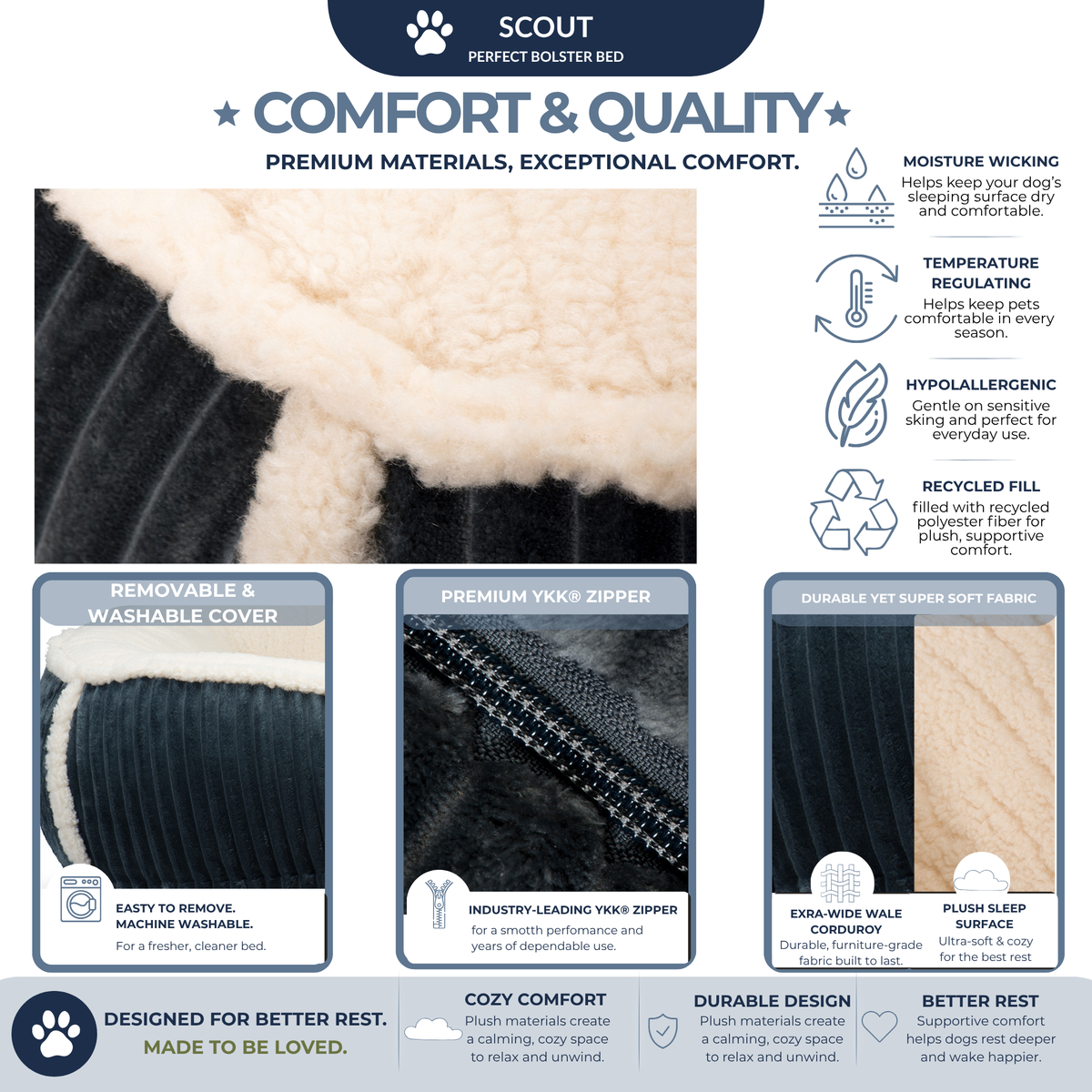 Scout Perfect Bolster Dog Bed – Corduroy, Removable Liner, Recycled Fill HuggleHounds