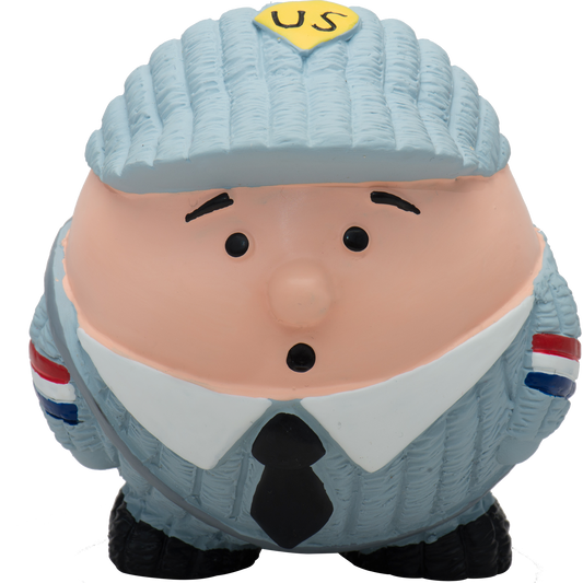 Toy figure of a character with a blue cap and tie, wearing a U.S. flag shirt on a white background