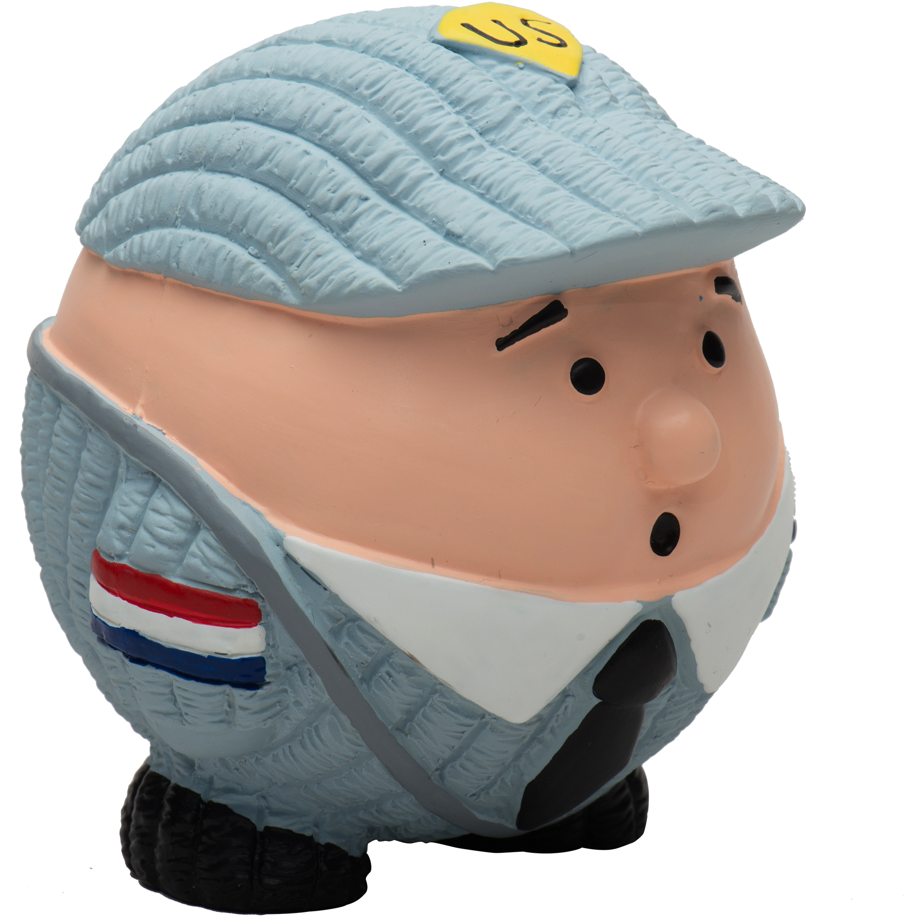 Sculpture of a piggy bank with a baseball cap and uniform on a white background