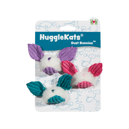 HuggleKats Dust Bunnies cat toy packaging on a white background