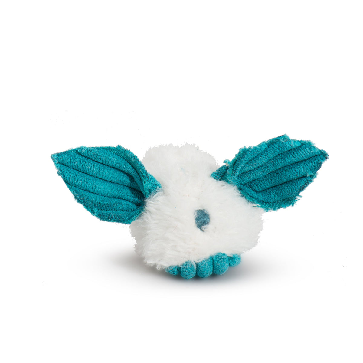 White and teal dog toy with a face on a white background