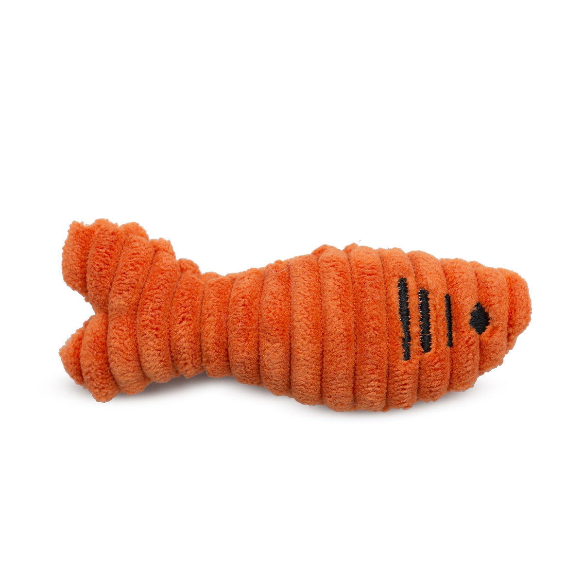 Orange textured dog toy shaped like a carrot on a white background
