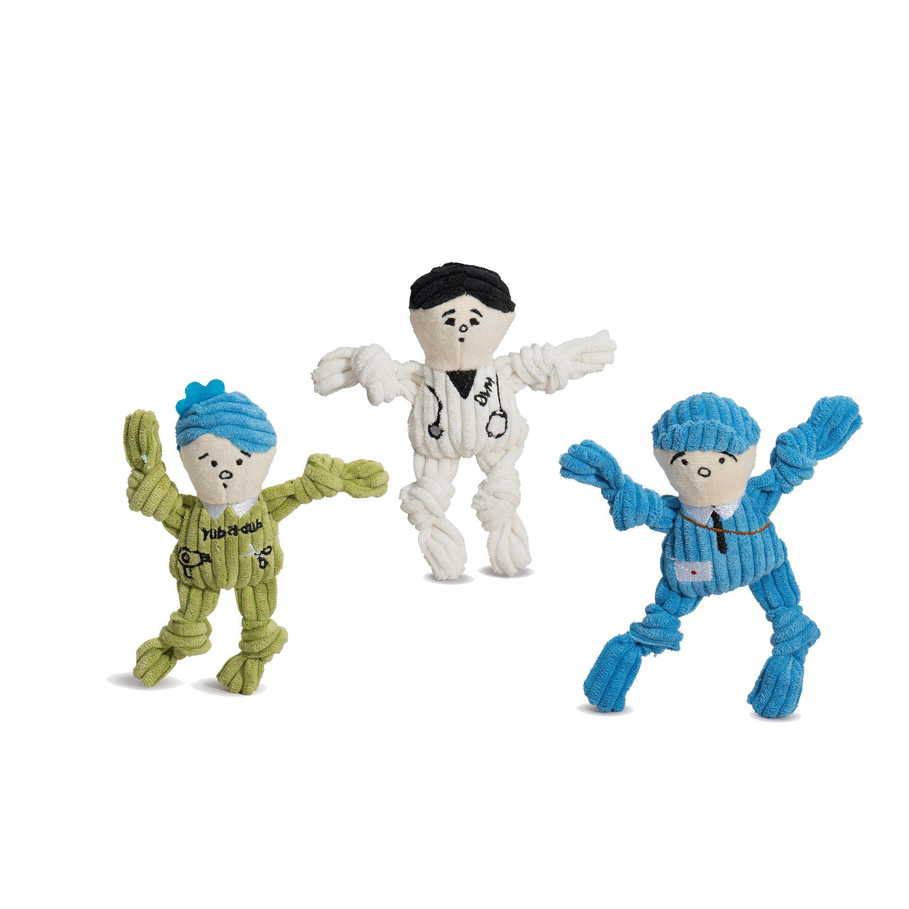 Three colorful dog toys with different outfits on a white background