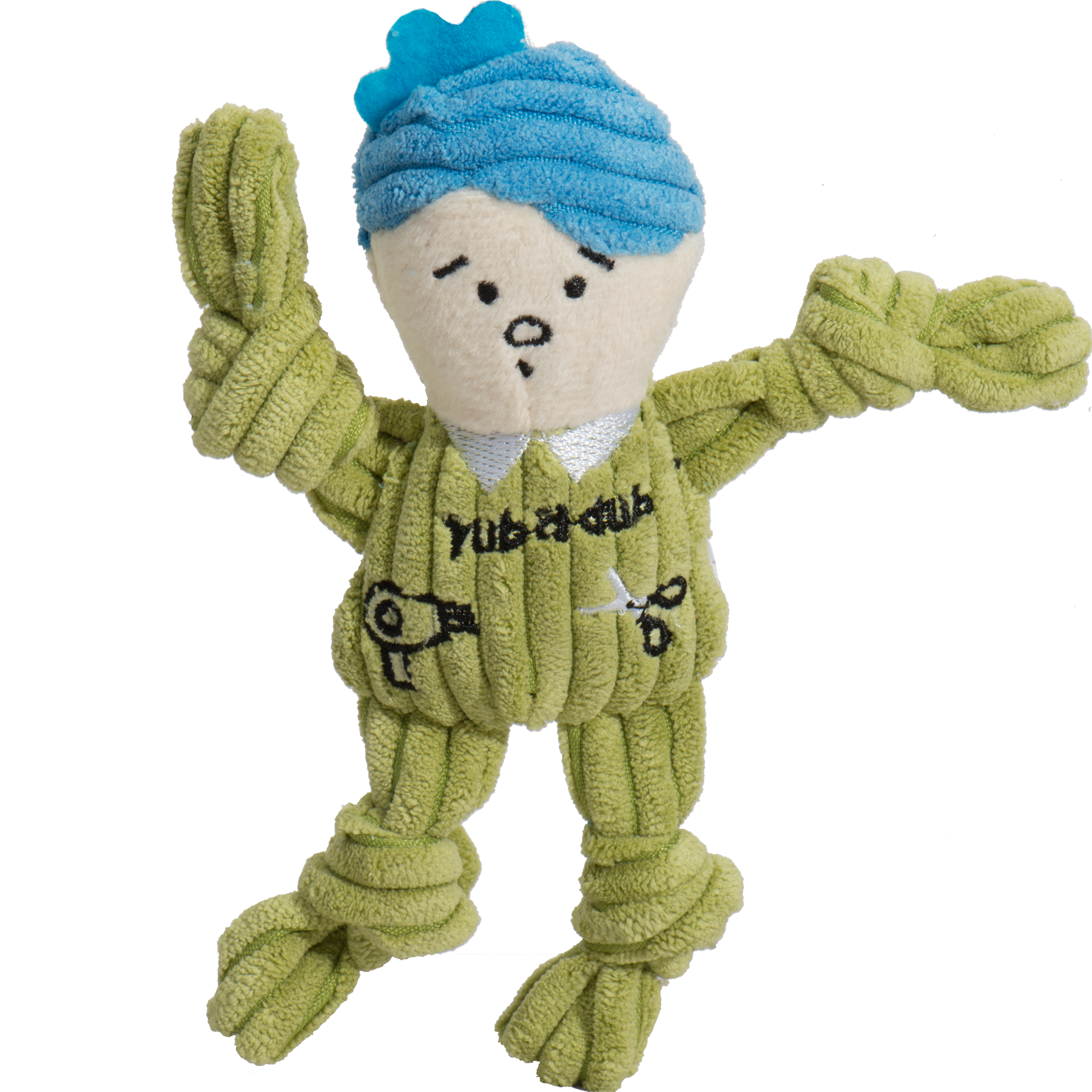 Toy figure with blue hair and green body, resembling a person, on a white background