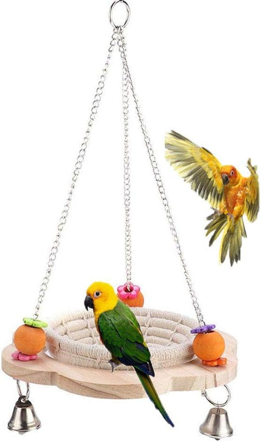 Bird swing with hanging fruits and a bird perched on it against a white background