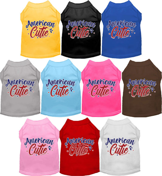 Collection of colorful pet shirts with 'American Cutie' text on a white background