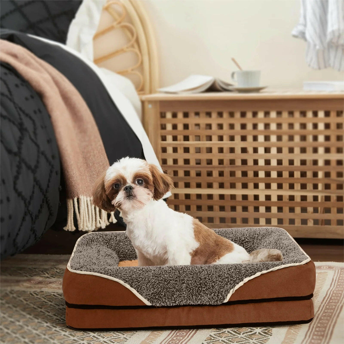 Orthopedic Dog Bed Sofa with Egg Crate Foam & Faux Fur – Bolster Dog Bed with Washable Cover for Small Dogs | 20"x16" | Brown MJ's Pet Closet
