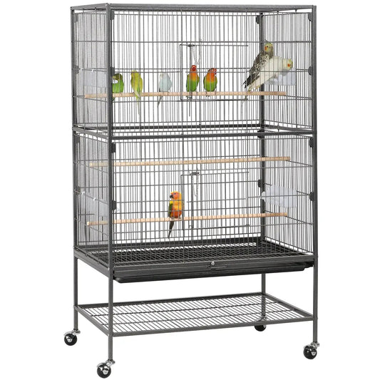 Large bird cage with multiple birds on a white background