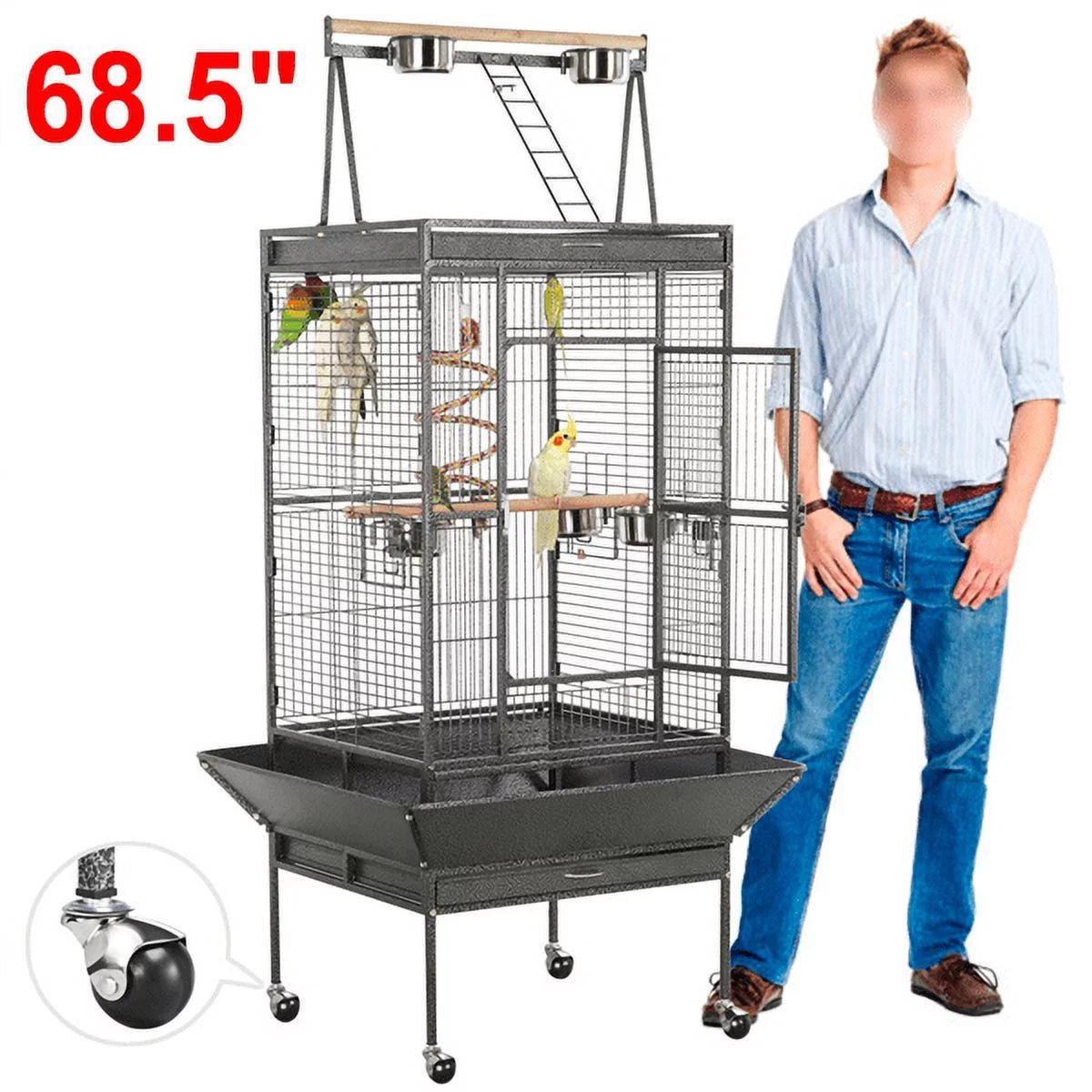 Yaheetech 68.5" Rolling Metal Parrot Cage – Large Bird Cage with Open Play Top, Perch & Feeding Bowls | Black MJ's Pet Closet
