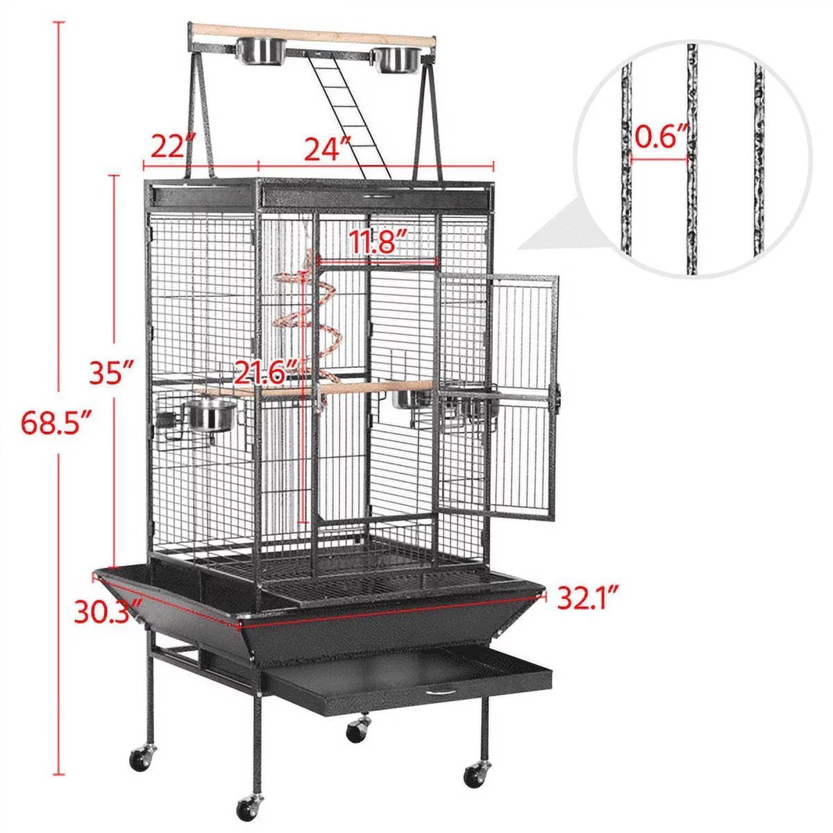Yaheetech 68.5" Rolling Metal Parrot Cage – Large Bird Cage with Open Play Top, Perch & Feeding Bowls | Black MJ's Pet Closet