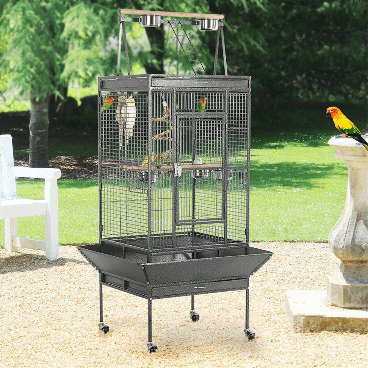 Yaheetech 68.5" Rolling Metal Parrot Cage – Large Bird Cage with Open Play Top, Perch & Feeding Bowls | Black MJ's Pet Closet