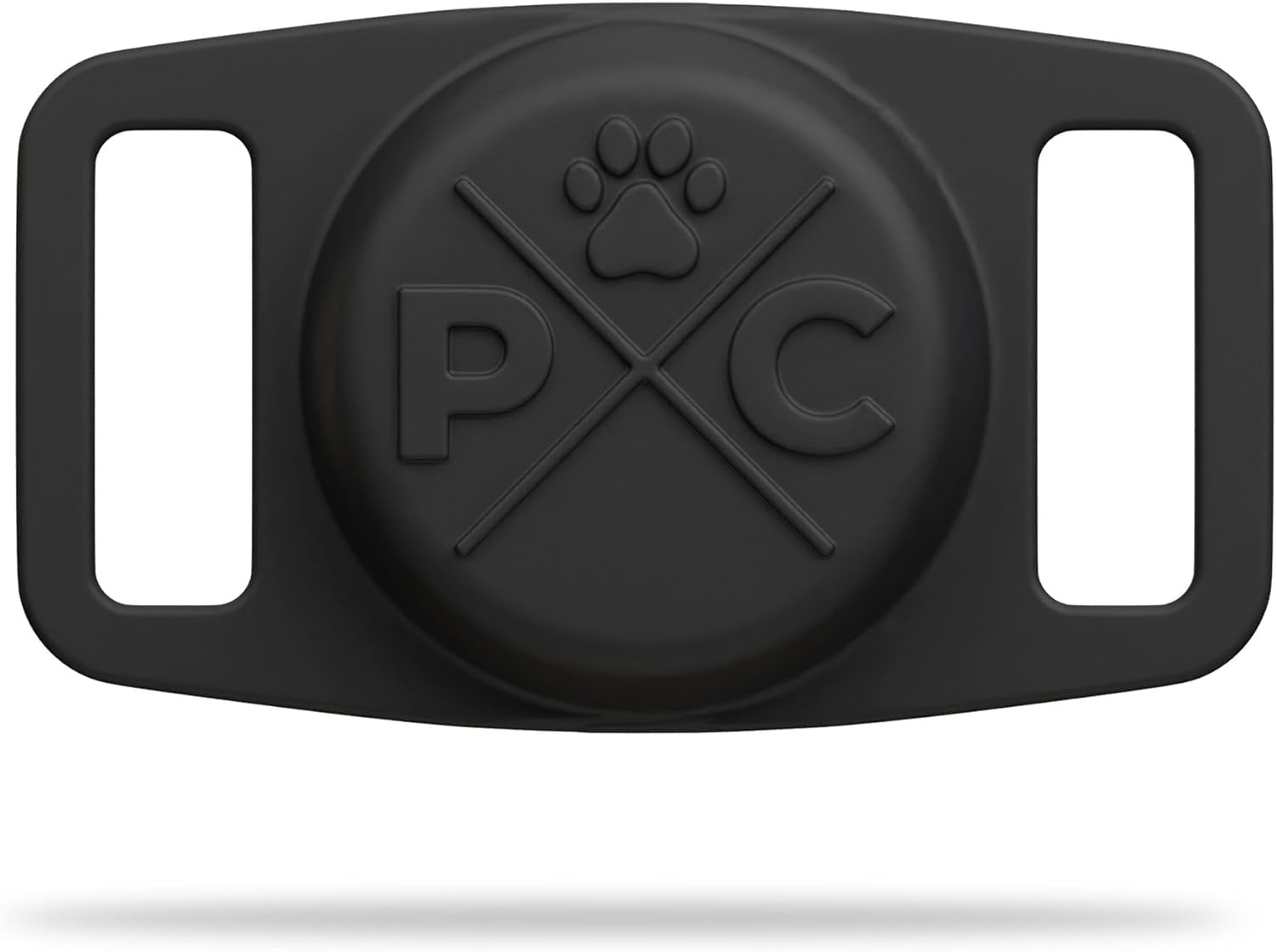 Black dog collar with 'PC' logo on a white background