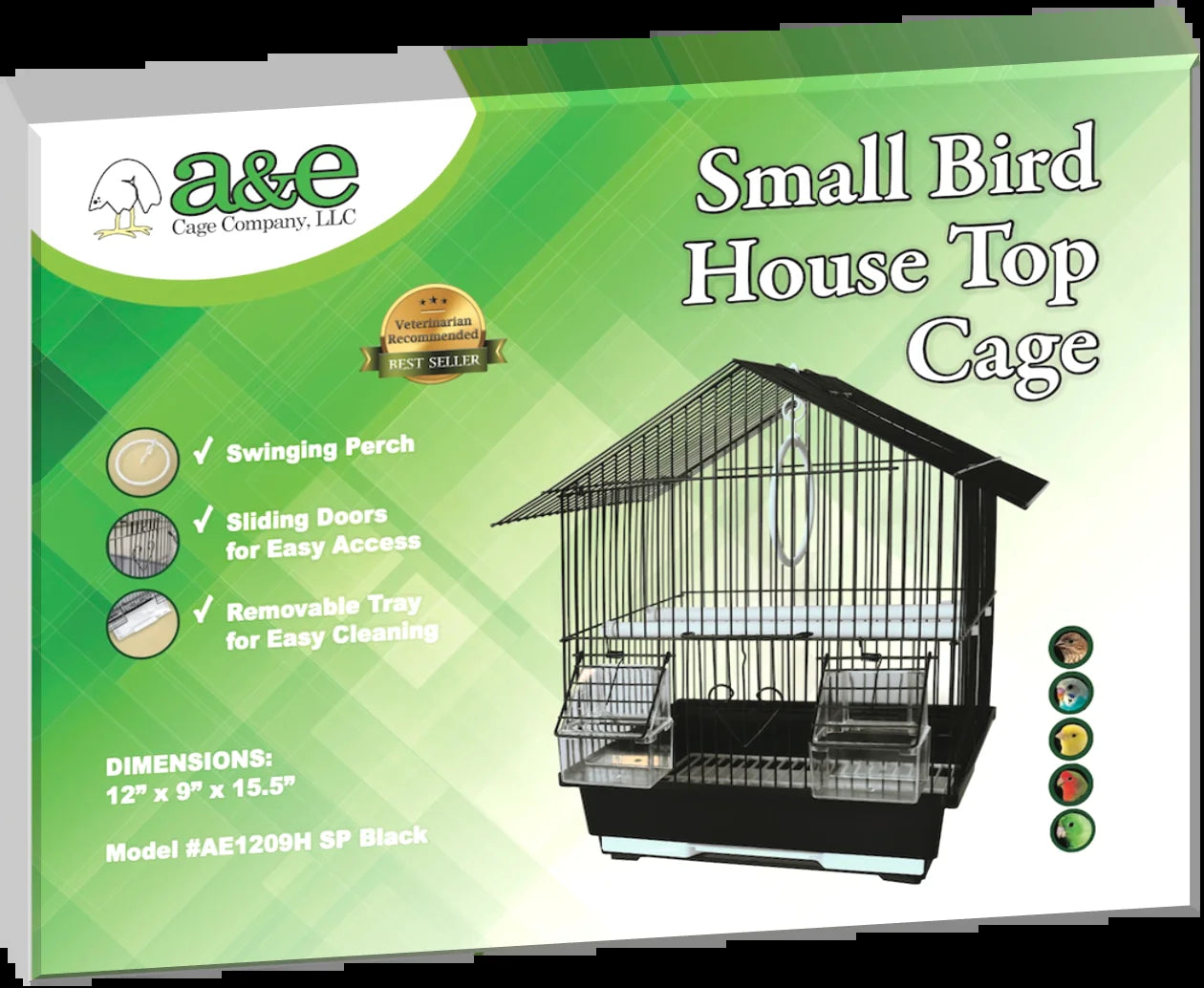 A&E Cage Co. Starter Kit Bird Cage – 12" x 9" x 15.5" Light Wire Cage with Perches, Swing & Feeding Cups | Black MJ's Pet Closet
