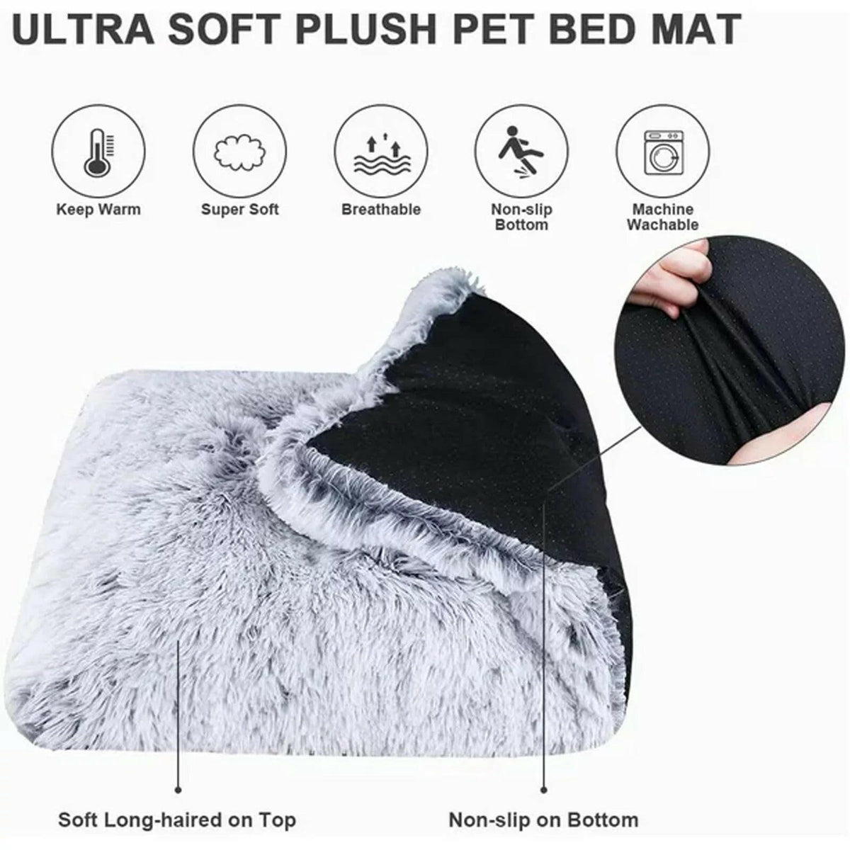Ultra soft plush pet bed mat with features listed on a white background