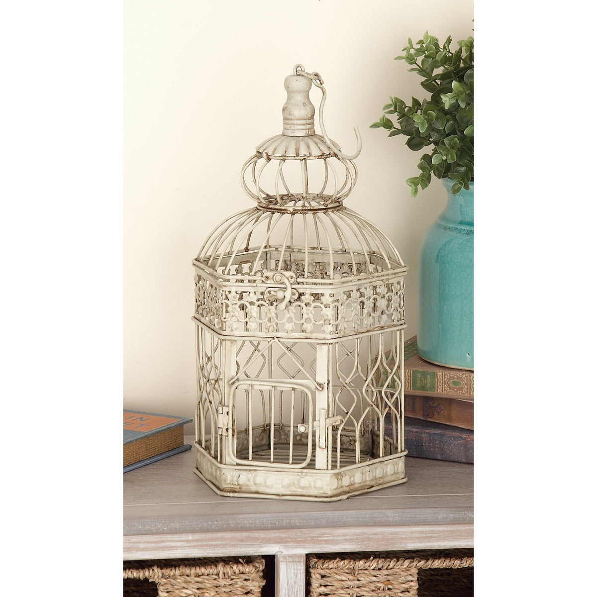 Decorative birdcage on a shelf with a plant and books in the background